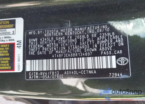 2011 Toyota Camry Le from USA, damaged, VIN 4T4BF3EK6BR134897